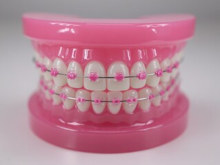 Model of teeth with pink braces displayed on pink background  
