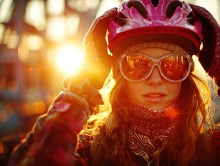 Young woman wearing a pink helmet and sunglasses at sunset  