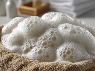 Lathered soap bubbles in a natural fiber basin on a spa background  