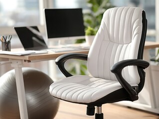 Modern white office chair in bright workspace near computer desk  