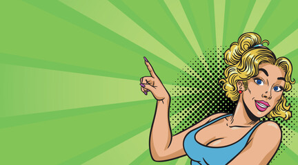 A beautiful blonde girl points to the side in pop art style 