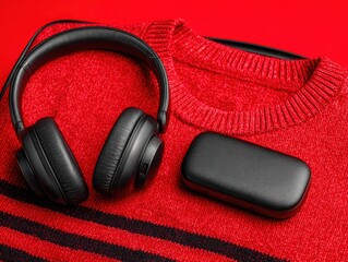 Headphones and case on red sweater with black stripes  