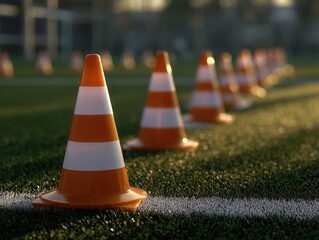 Orange traffic cones lined up on football field during sunset  