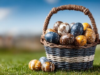 Colorful Easter eggs in basket on grass under blue sky  
