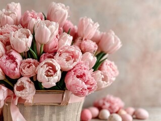Pink tulips and peonies in basket with decorative eggs on table  