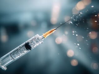 Medical syringe with liquid being injected in clinical setting  