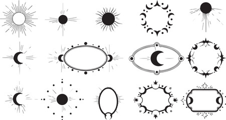 Mystical Celestial Ornaments and Cosmic Frame Elements for Spiritual Design Themes