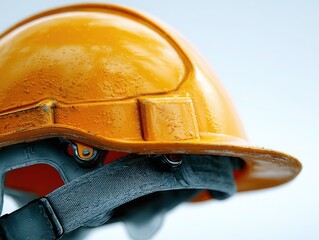 Orange construction helmet with adjustable strap on white background  