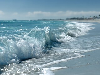 Ocean waves crashing on sandy shore under bright blue sky  