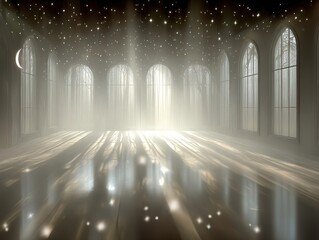 Ethereal light streaming through arched windows in serene hall  