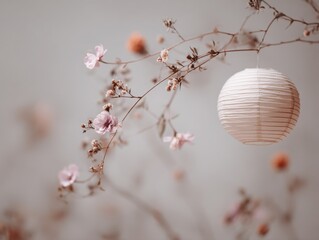Soft pink floral arrangement with lantern on a delicate branch  