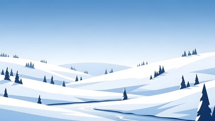 Snowy winter landscape with pine trees and rolling hills