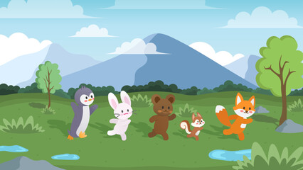Naklejka premium Vector illustration of cute animal characters, a penguin, bunny, bear, squirrel, and fox running on a rain-soaked grassy field, featuring forest scenery, mountain landscape, blue sky, and white clouds