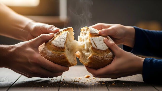 Hands breaking bread together symbolizing communion and fellowship