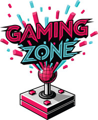 Retro Gaming Zone Vector Badge With Joystick And Pixel Art