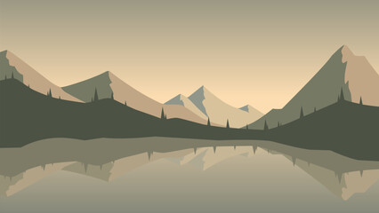 Mountain landscape illustration with lake and pine forest