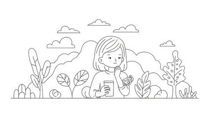 Cute line-art illustration of a girl outdoors holding a phone with a butterfly on her wrist, surrounded by simple plants and clouds in a calm, minimal style.
