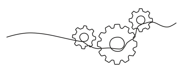 Simple continuous one line drawing of three interlocking gears or cogs. Minimalist technology, process, and engineering vector illustration.