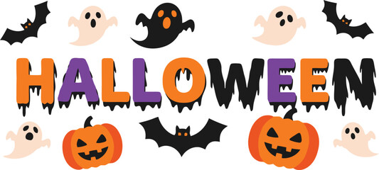 Spooky Halloween Vector Typography With Spiderwebs Pumpkins Bats
