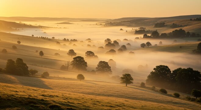 Golden Sunrise Mist Over Rolling Hills Landscape