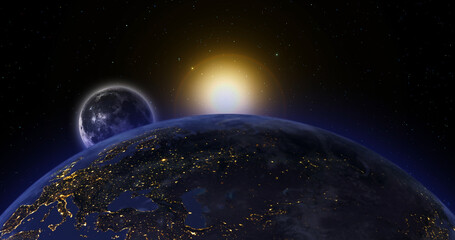 Lunar eclipse, satellite covers the sun moving along the orbit. Open space, stars. 3D animation. © Oleksii