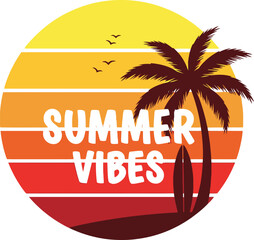 Tropical Summer Vibes Vector Emblem With Sunset And Palm Trees