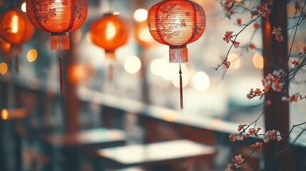 Chinese Lanterns with Plum Blossoms Dining Empty Space, Festival Decoration Material, Chinese-chic Spring Ambiance, Suitable for Chinese Restaurant Spring Promotion