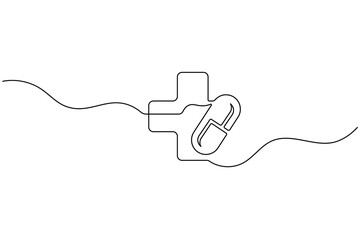 Obraz premium Continuous line drawing of a medical cross symbol and capsule pill, health and pharmacy concept