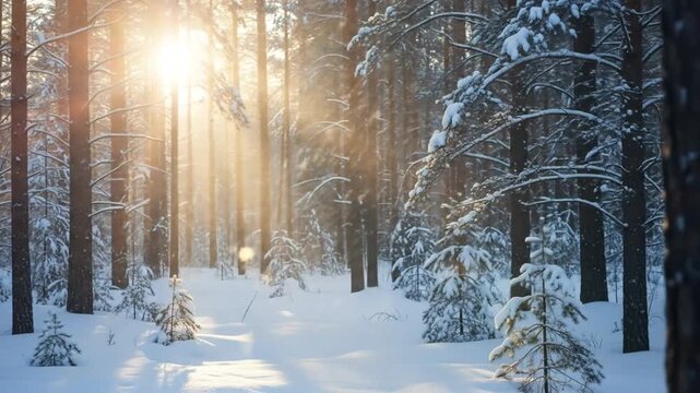 Exploring a Quiet Winter Forest Bathed in Morning Sunlight