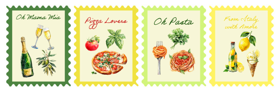 Colorful Italian poster featuring Amalfi lemons, summer cuisine, champagne, ice cream, tomatoes, wine, pasta, and coastal Mediterranean elements in an elegant lemon-accented composition.