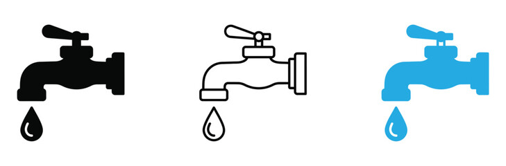Essential water tap icons displaying conservation or plumbing issues in solid outline and color variations