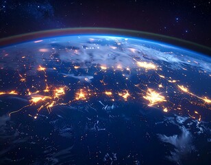 A vibrant, detailed image capturing Earth's nightside from space, showing city lights glowing against a dark ocean and starry sky