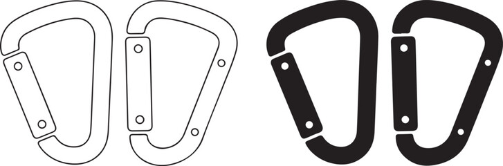 Pair Of Climbing Carabiners In Outline And Solid Black Silhouette With Metal Pins gear