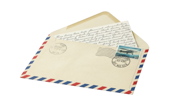 Open cream envelope with handwritten letter and vintage airmail stamp - Powered by Adobe