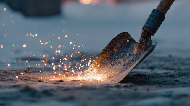 A close-up shot of a shovel striking the ground, with sparks flying - Powered by Adobe