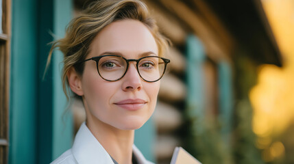 Portrait of a confident blonde woman in professional attire and eyeglasses