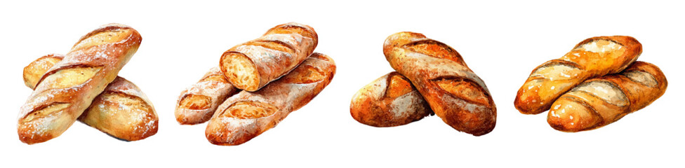 Watercolor bakery set with fresh loaves of bread, baguettes and baguettes. Adorable cartoon illustration of artisanal pastries, isolated on white background