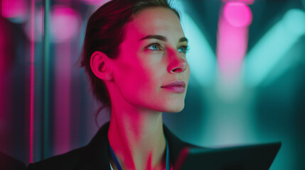 Professional Woman Illuminated by Vibrant Pink and Cyan Glow