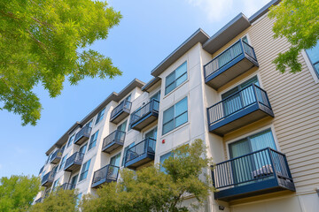Contemporary Multi story Residential Structure with Green Trees