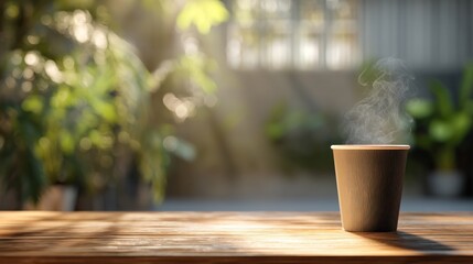 Steaming coffee cup on a wooden table