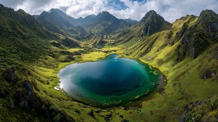 Mountain lake vista; green slopes rise around blue water under cloudy sky