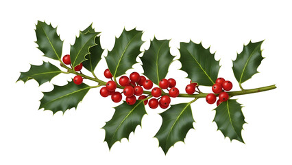 Festive holly branch with vibrant red berries and glossy green leaves isolated on transparent background