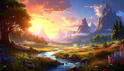 A vibrant, detailed painting of a lush landscape bathed in warm, golden light at sunset, featuring a river, mountains, and flowers