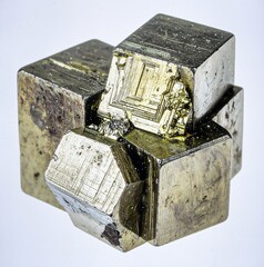 A cluster of pyrite cubes with metallic luster and geometric formations, isolated on pure white background.