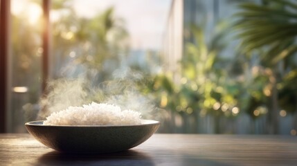 Steaming rice bowl on table