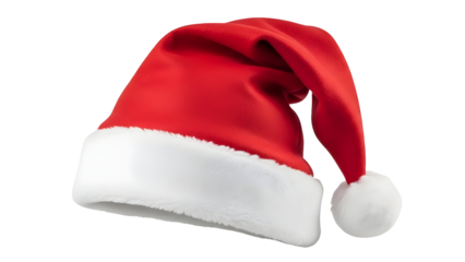 Classic red santa hat with white trim isolated on a black background for holiday themes