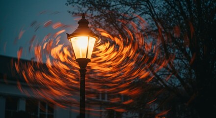 Obraz premium Night Street Lamp with Swirling Orange Light Motion Blur