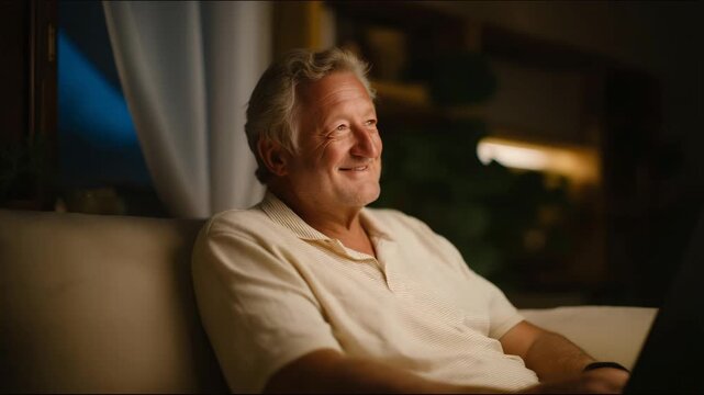 Warm, sepia-toned scene of the fan smiling faintly as familiar voices echo through static &mdash; symbol of endurance, memory, and tradition in the era of modern technology. cinematic color correction,