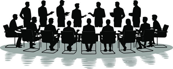 Team attending a conference meeting at a long table, solid black vector silhouette
