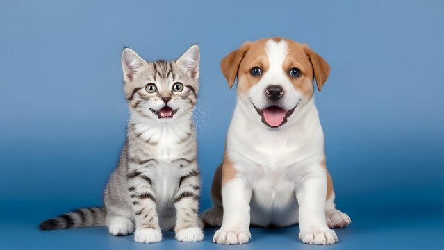 Cute and happy of a small silver tabby kitten and a little Jack Russell puppy sitting side-by-side on a seamless blue background. Perfect for themes